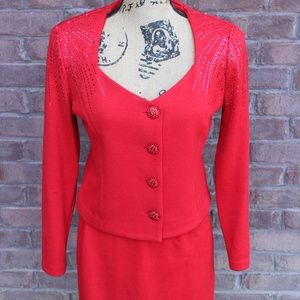 St John Red with Sparkle Size 2 Skirt Suit